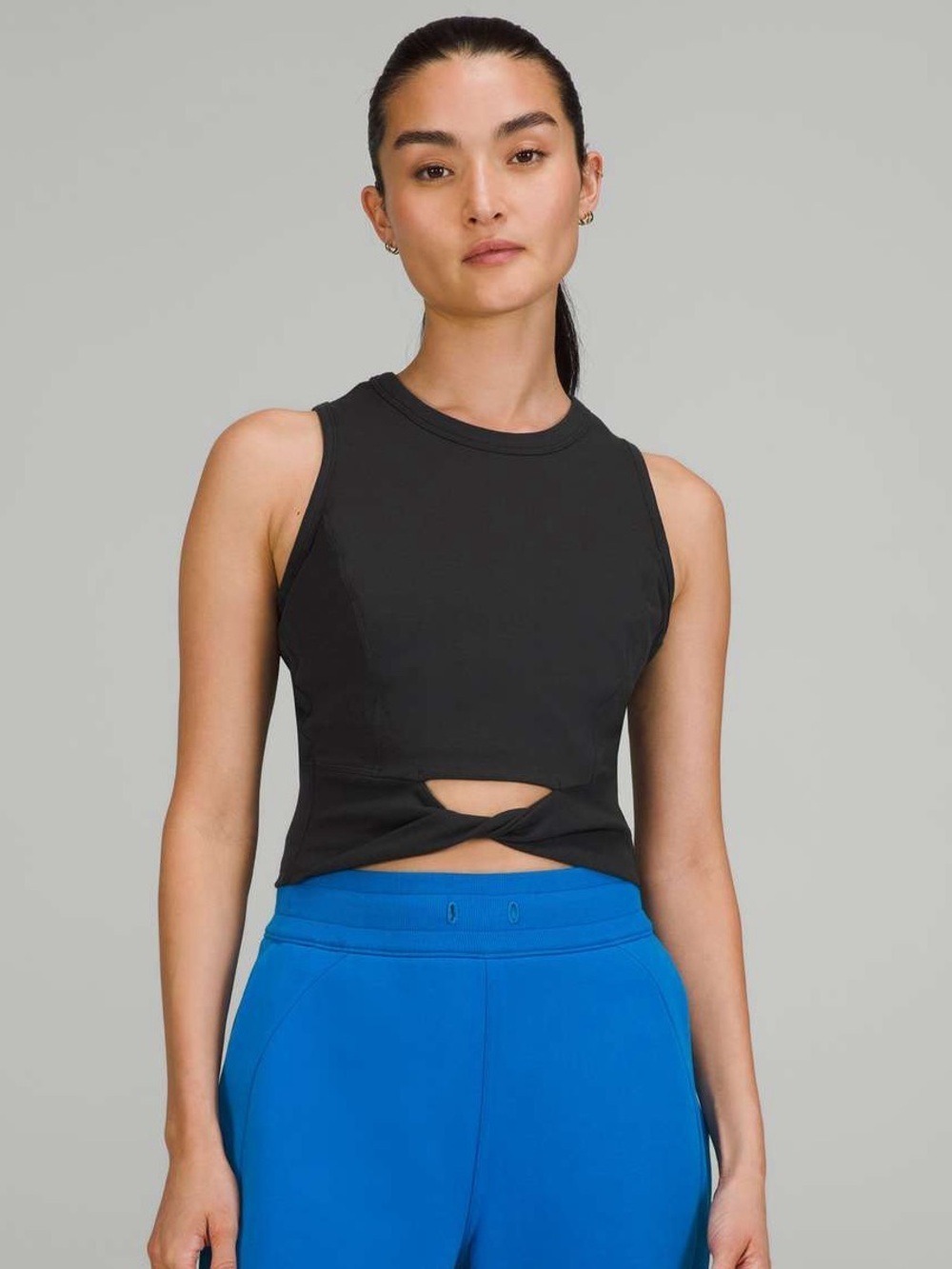 Lululemon Cropped Cotton Ribbed-Band Tank Top Black Twist Front Cutout Small